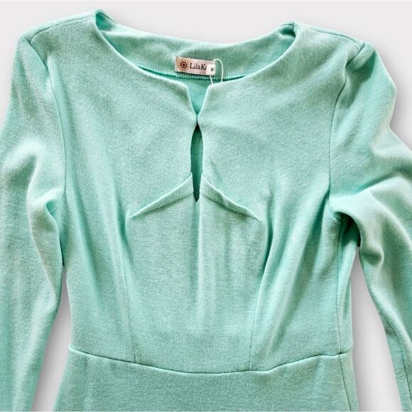 NWT Lila Kass Elegant Wool Mohair Belted Long Sleeve Midi Dress in Mint Green 8 - Picture 5 of 10